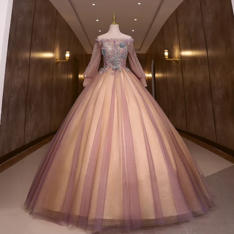 Elegant Purple Pearl Sequins Lace Flower Prom Dresses 2022 Ball Gown Off-The-Shoulder Long Sleeve Floor-Length / Long Formal Dresses