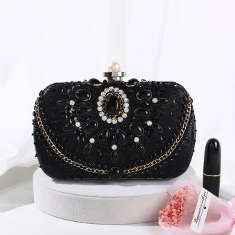 Fashion Black Satin Evening Party Clutch Bags 2022 Pearl Rhinestone Sequins Clutch Bags