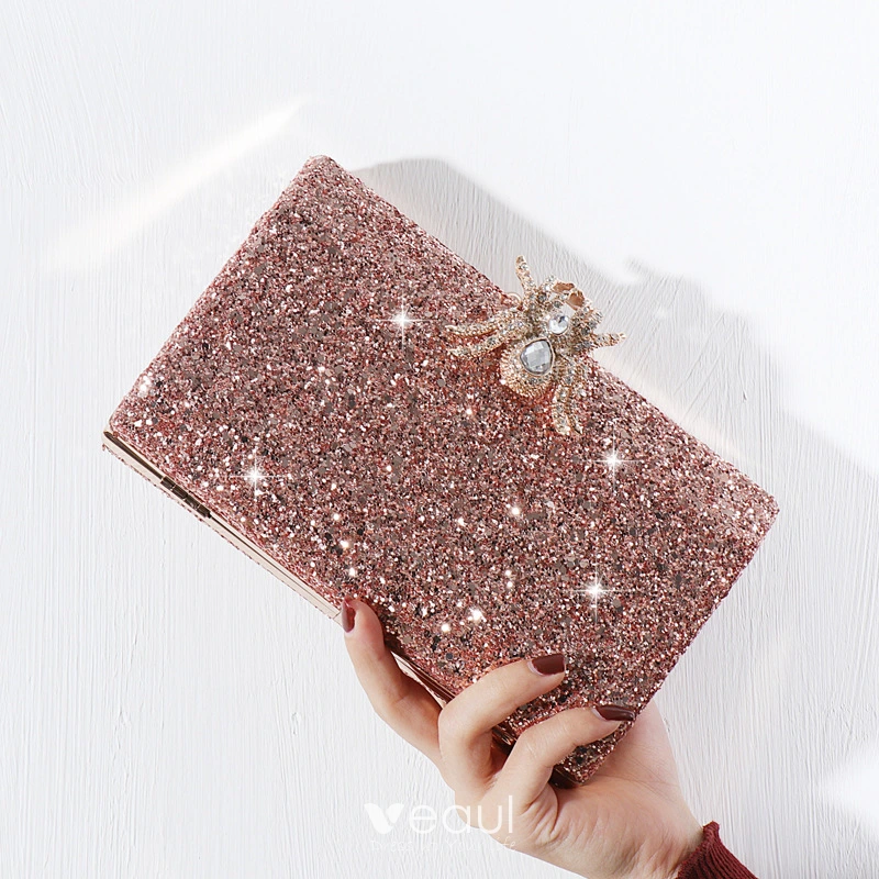 Sparkly Rhinestone Sequins Evening Party Rose Gold Clutch Bags 2022 Accessories