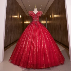 Chic Beautiful Burgundy Glitter Sequins Prom Dresses Ball Gown 2022 V Neck Rhinestone Short Sleeve Backless Floor Length Long Formal Dresses