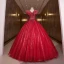 Chic / Beautiful Burgundy Glitter Sequins Prom Dresses Ball Gown 2022 V-Neck Rhinestone Short Sleeve Backless Floor-Length / Long Formal Dresses