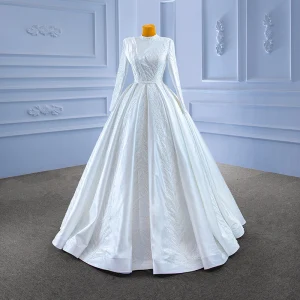 Muslim Elegant White Satin Wedding Dresses 2022 Ball Gown High Neck Handmade Beading Pearl Lace Flower Long Sleeve Floor Length Long Wedding