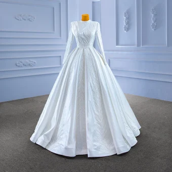 Musulmane Élégant Blanche Satin Robe De Mariée 2022 Robe Boule Col Haut Fait Main Perlage Perle En Dentelle Fleur Manches Longues Longue Mariage