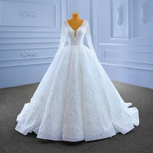 Haut De Gamme Blanche Perlage Paillettes Robe De Mariée 2022 Robe Boule V Cou Manches Longues Dos Nu Longue Mariage