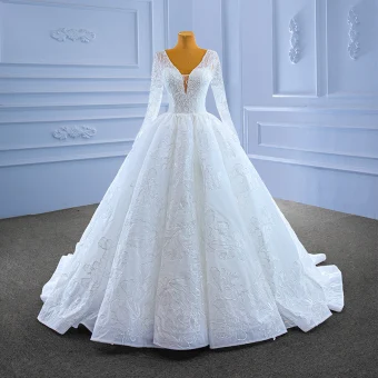 Haut De Gamme Blanche Perlage Paillettes Robe De Mariée 2022 Robe Boule V Cou Manches Longues Dos Nu Longue Mariage