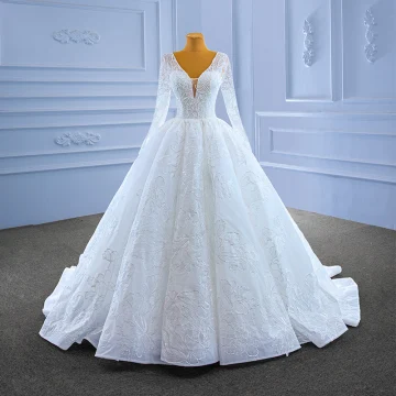 Gama Alta Blanco Rebordear Lentejuelas Vestidos De Novia 2022 Ball Gown V Cuello Manga Larga Sin Espalda Largos Boda