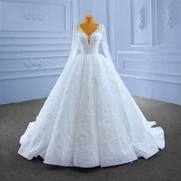 High End Weiß Perlenstickerei Pailletten Brautkleider / Hochzeitskleider 2022 Ballkleid V-Ausschnitt Lange Ärmel Rückenfreies Lange Hochzeit