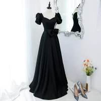 Elegante Schwarz Ballkleider 2022 A Linie Eckiger Ausschnitt Geschwollenes Kurze Ärmel Schleife Rückenfreies Lange Festliche Kleider