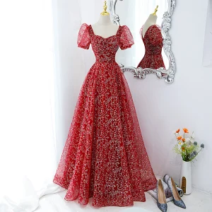 Chic Belle Bordeaux Glitter Paillettes Robe De Bal 2022 Princesse Encolure Carrée Gonflée Manches Courtes Dos Nu Longue Robe De Ceremonie