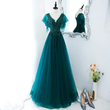 Vintage Originale Vert Jade Robe De Bal 2022 Princesse V Cou Perlage Faux Diamant Paillettes Manches Courtes Dos Nu Longue Robe De Ceremonie