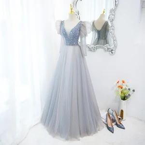 Chic Belle Bleu Ciel Robe De Bal 2022 Princesse V Cou Gonflée Manches Courtes Dos Nu Perlage Faux Diamant Paillettes Longue Robe De Ceremonie
