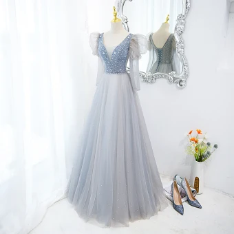 Chic Belle Bleu Ciel Robe De Bal 2022 Princesse V Cou Gonflée Manches Courtes Dos Nu Perlage Faux Diamant Paillettes Longue Robe De Ceremonie