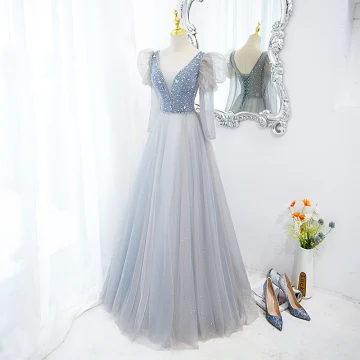 Chic Belle Bleu Ciel Robe De Bal 2022 Princesse V Cou Gonflée Manches Courtes Dos Nu Perlage Faux Diamant Paillettes Longue Robe De Ceremonie