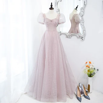 Charmant Rougissant Rose Robe De Bal 2022 Princesse Encolure Carrée Noeud Gonflée Manches Courtes Perlage Ceinture Glitter Paillettes Longue Robe De Ceremonie