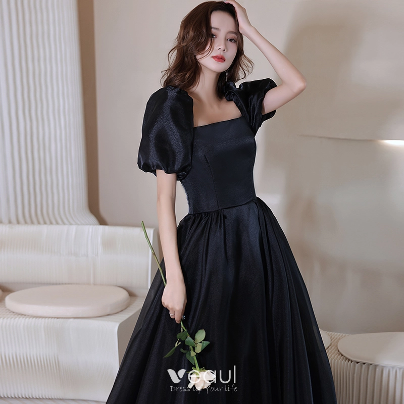 Modest / Simple Black Suede Prom Dresses 2021 A-Line / Princess Ball Gown  Off-The-Shoulder Beading Short Sleeve Backless Floor-Length / Long Formal  Dresses