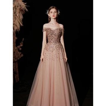 Charming Champagne Prom Dresses 2022 A Line Princess Off The Shoulder Beading Sequins Short Sleeve Backless Floor Length Long Formal Dresses