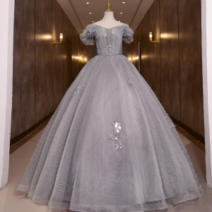 Élégant Gris Paillettes Robe De Bal 2022 Princesse De L Épaule Appliques Gonflée Manches Courtes Dos Nu Longue Robe De Ceremonie