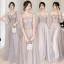 Chic / Beautiful Lace Flower Sequins Dusky Pink Bridesmaid Dresses 2022 A-Line / Princess Short Sleeve Backless Sash Floor-Length / Long Bridesmaid Dresses