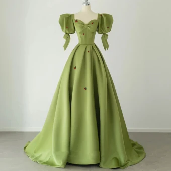 Vintage Retro Clover Green Strawberry Satin Prom Dresses 2022 A Line Princess Square Neckline Puffy Short Sleeve Backless Bow Sweep Train Formal Dresses