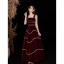 Charming Burgundy Suede Prom Dresses 2022 A-Line / Princess Square Neckline Sleeveless Pearl Rhinestone Backless Floor-Length / Long Formal Dresses