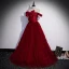 Charming Burgundy Cascading Ruffles Prom Dresses 2022 A-Line / Princess Bow Off-The-Shoulder Short Sleeve Backless Floor-Length / Long Formal Dresses