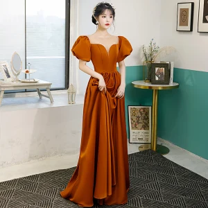 Élégant Orange Satin Robe De Bal 2022 Princesse Encolure Dégagée Gonflée Manches Courtes Longue Robe De Ceremonie