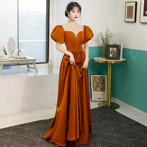 Elegant Orange Satin Prom Dresses 2022 A-Line / Princess Scoop Neck Puffy Short Sleeve Floor-Length / Long Formal Dresses