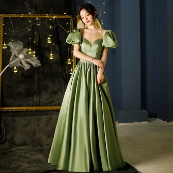 Elegant Olive Green Satin Prom Dresses 2022 A Line Princess Scoop Neck Puffy Short Sleeve Floor Length Long Formal Dresses