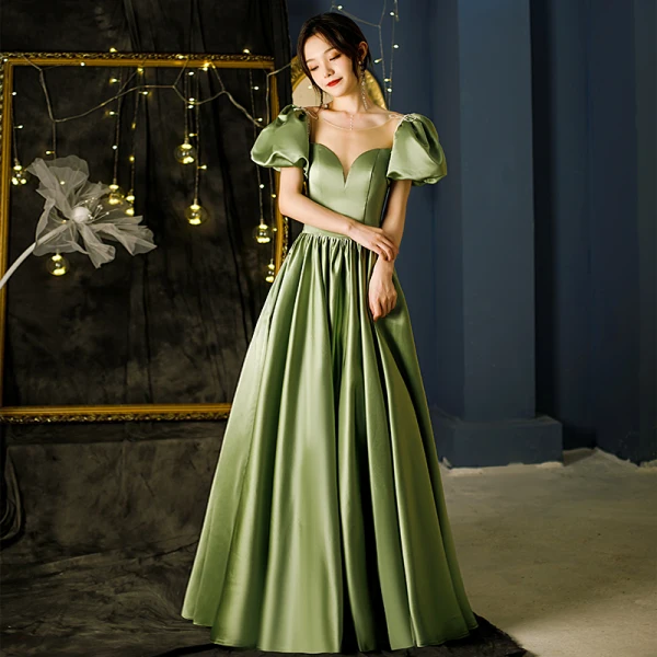 Elegant Olive Green Satin Prom Dresses 2022 A-Line Princess Scoop Neck Puffy Short Long