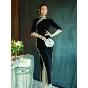 Vintage Chinesischer Stil Schwarz Abend Cheongsam 2022 Meerjungfrau Stehkragen 1 2 Ärmel Spitze Blumen Gespaltete Front Wadenlang Cheongsam