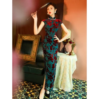 Vintage Originale Bleu D Encre Velour Daim Cheongsam 2022 Trompette Sirène Col Haut Sans Manches Fendue Devant Thé Longueur Soirée Cheongsam