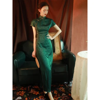Vintage Mörkgrön Afton Cheongsam 2022 Trumpet Sjöjungfru Hög Hals Korta Ärm Slits Fram Te Längd Cheongsam