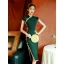 Vintage / Retro Dark Green Evening Party Cheongsam 2022 Trumpet / Mermaid High Neck Sleeveless Tea-length Split Front Cheongsam / Qipao