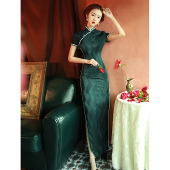 Vintage Cheongsam 2022 Trumpet Sjöjungfru Hög Hals Korta Ärm Slits Fram Te Längd Afton Cheongsam Mörkgrön