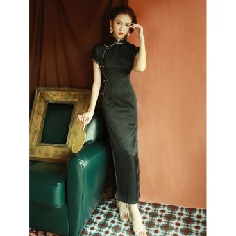 Vintage Svarta Afton Cheongsam 2022 Trumpet Sjöjungfru Hög Hals Korta Ärm Slits Fram Te Längd Cheongsam