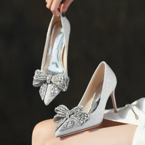 Encantador Plata Rhinestone Bowknot Lentejuelas Zapatos de novia 2022 Cuero 10 cm Stilettos / Tacones De Aguja Punta Estrecha Boda Tacones High Heels