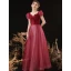 Elegant Burgundy Spotted Prom Dresses 2022 A-Line / Princess Square Neckline Puffy Short Sleeve Bow Backless Floor-Length / Long Formal Dresses