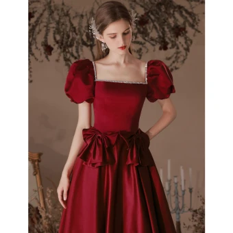 Elegant Burgundy Satin Prom Dresses 2022 A Line Princess Square Neckline Puffy Short Sleeve Bow Backless Floor Length Long Prom Formal Dresses