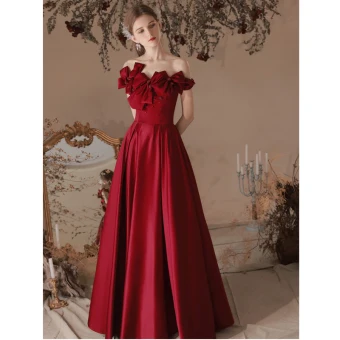 Chic Belle Bordeaux Robe De Bal 2022 Princesse Bustier Noeud Sans Manches Dos Nu Longue Satin Promo Robe De Ceremonie