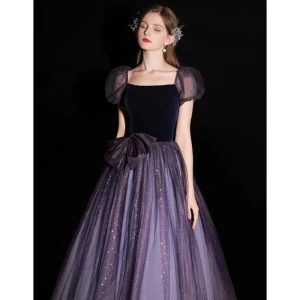 Charmant Violet Glitter Paillettes Robe De Bal 2022 Princesse De L Épaule Manches Courtes Noeud Dos Nu Longue Robe De Ceremonie