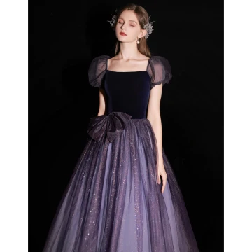 Charmant Violet Glitter Paillettes Robe De Bal 2022 Princesse De L Épaule Manches Courtes Noeud Dos Nu Longue Robe De Ceremonie