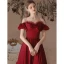 Elegant Burgundy Satin Prom Dresses 2022 A-Line / Princess Off-The-Shoulder Bow Short Sleeve Backless Floor-Length / Long Formal Dresses
