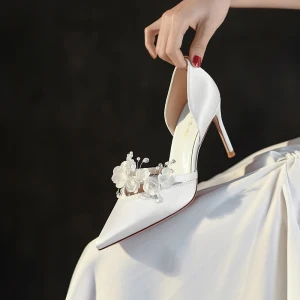 Charming White Pearl Appliques Wedding Shoes 2022 Leather 12 Cm Stiletto Heels Pointed Toe Wedding Shoes High Heels