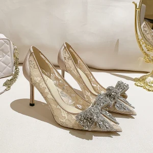 Charming Nude Rhinestone Bow Wedding Shoes 2022 Leather 8 Cm Stiletto Heels Pointed Toe Wedding Pumps High Heels