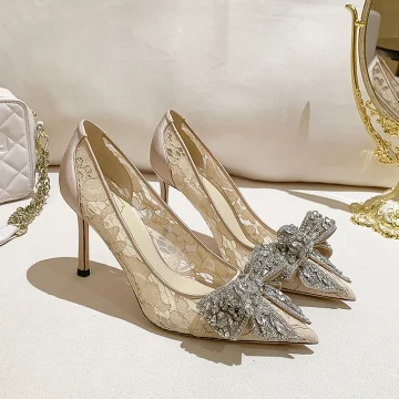 Charmant Nues Faux Diamant Noeud Chaussure De Mariée 2022 Cuir 8 Cm Talons Aiguilles À Bout Pointu Mariage Escarpins Talons Hauts