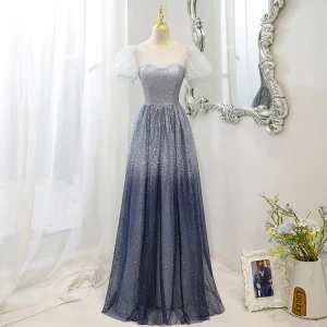 Chic Beautiful Gradient Color Ocean Blue Starry Sky Prom Dresses 2022 A Line Princess Scoop Neck Short Sleeve Backless Star Sequins Floor Length Long Formal Dresses