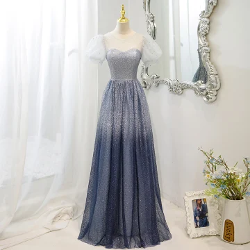 Chic Beautiful Gradient Color Ocean Blue Starry Sky Prom Dresses 2022 A Line Princess Scoop Neck Short Sleeve Backless Star Sequins Floor Length Long Formal Dresses