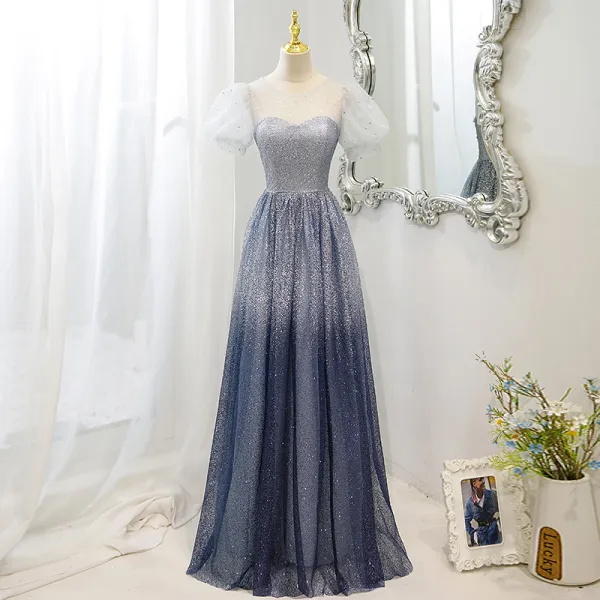Chic / Beautiful Gradient-Color Ocean Blue Starry Sky Prom Dresses 2022 A-Line / Princess Scoop Neck Short Sleeve Backless Star Sequins Floor-Length / Long Formal Dresses