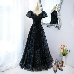 Charming Black Glitter Beading Sequins Prom Dresses 2022 A Line Princess Square Neckline Short Sleeve Backless Floor Length Long Formal Dresses