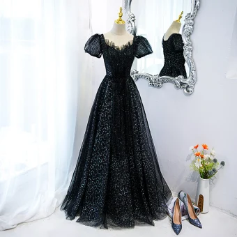 Charmant Noire Glitter Perlage Paillettes Robe De Bal 2022 Princesse Encolure Carrée Manches Courtes Dos Nu Longue Robe De Ceremonie